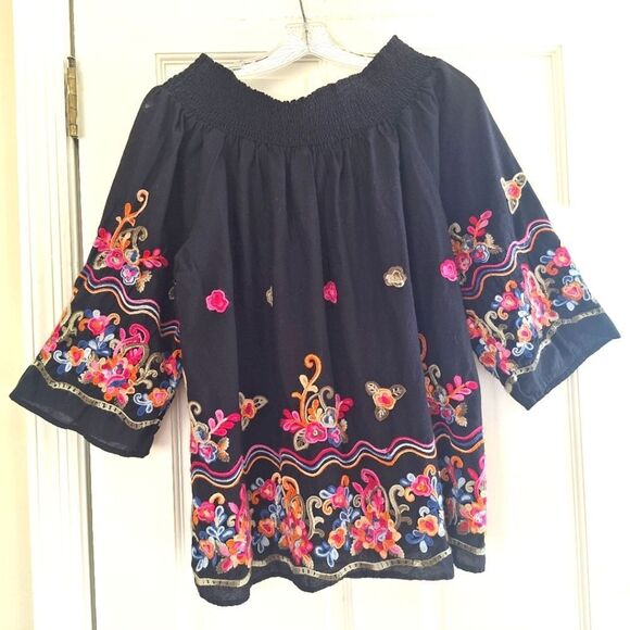 Colorful Bright Embroidered Cotton Blouse Top Smocked Off Shoulder Black XXL 2X - Picture 13 of 14